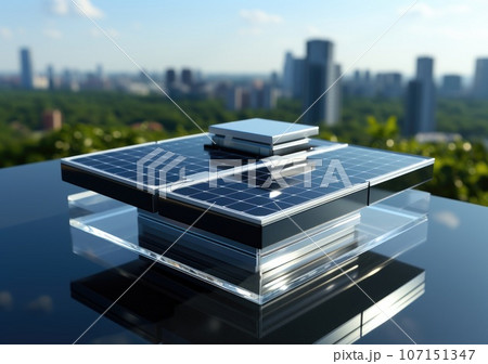 Modern solar panel on th roof with plants at morning, Solar panel on red roof reflecting sun and cloudless blue sky. Ai generative. 107151347