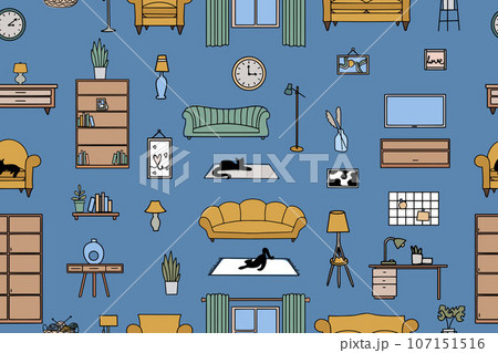 Seamless pattern of furniture, lamps, interior items. Modern vector illustration for banner, web page, print media. Vector 107151516