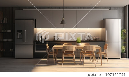 Modern minimalist kitchen interior. Gray flat facades, stone countertop, built-in home appliances, big fridge, work surface lighting. Dining area. Contemporary home design. 3D rendering. 107151791