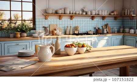 Interior of cozy vintage kitchen country style. Wooden dining table and chairs, light blue furniture, open shelves with crockery, fresh fruits and flowers, large window. Contemporary home design. 107151822