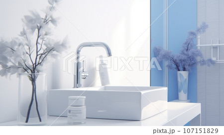 Fragment of a modern luxury bathroom with white walls. White countertop sink with chrome faucet, decorative vases. Close-up. Contemporary interior design. 3D rendering. 107151829