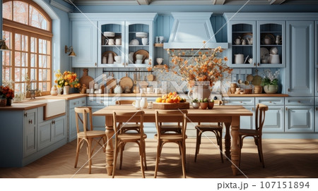 Interior of cozy vintage kitchen provence style. Wooden dining table and chairs, light blue furniture, glass cabinets with crockery, fresh fruits and flowers, large window. Contemporary home design. Interior of cozy vintage kitchen provence style. Wooden dining table and chairs, light blue furniture, glass cabinets with crockery, fresh fruits and flowers, large window. Contemporary home design. 107151894