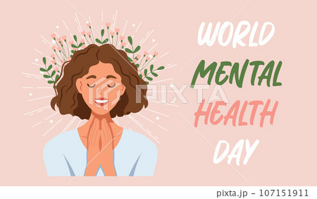 World Mental Health Day, October 10th. Mentally healthy girl in flowers and stars. Poster, banner, flyer, vector World Mental Health Day, October 10th. Mentally healthy girl in flowers and stars. Poster, banner, flyer, vector 107151911