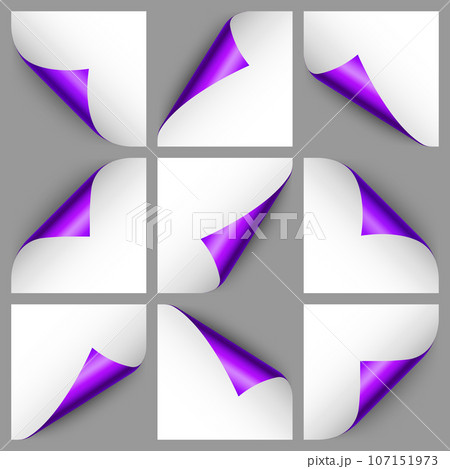 Set of violet paper curls. Curled page corner with shadow. Blank sheet of paper. Colorful shiny foil. Design element for advertising and promotion. Vector illustration. 107151973