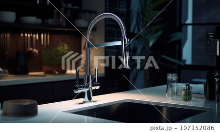 Fragment of modern luxury kitchen in dusk light. Stone countertop with built-in sink, metal faucet in the foreground. Selective focus, blurred background. Contemporary interior design. 3D rendering. Fragment of modern luxury kitchen in dusk light. Stone countertop with built-in sink, metal faucet in the foreground. Selective focus, blurred background. Contemporary interior design. 3D rendering. 107152086