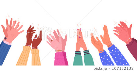 Cartoon applauding human hands. Clapping human hands, males and females clap hands. Ovation or greeting gesture, applauding hands flat vector illustration set Cartoon applauding human hands. Clapping human hands, males and females clap hands. Ovation or greeting gesture, applauding hands flat vector illustration set 107152135