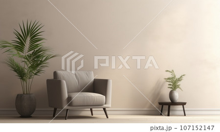 Fragment of modern minimalist monochrome living room in gray tones. Trendy armchair, coffee table, decorative houseplant in a floor pot. Creative interior design. Mockup, 3D rendering. 107152147