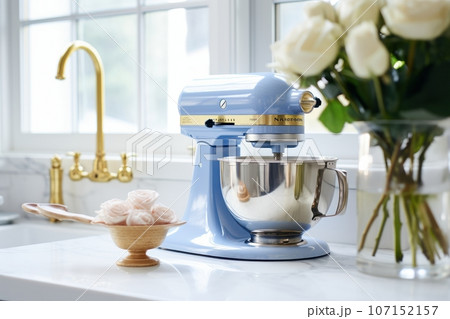 Fragment of classic white kitchen. Blue planetary mixer with stainless steel bowl, cup with ingredients, bouquet of white roses in a glass vase. Gold faucet on the background. Close-up. 3D rendering. Fragment of classic white kitchen. Blue planetary mixer with stainless steel bowl, cup with ingredients, bouquet of white roses in a glass vase. Gold faucet on the background. Close-up. 3D rendering. 107152157