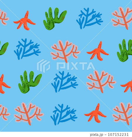 Cute vector colorful seamless pattern with red corals on blue background. Coral reef, shells, star fish. Vector illustration 107152231