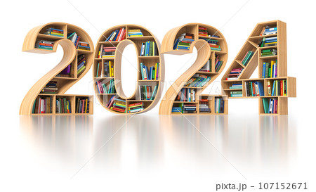 Happy 2024 new year education concept. Bookshelves with books in the form of text 2024. 107152671