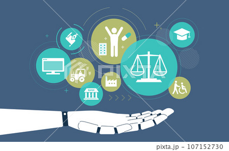 いろいろな産業に広がる人工知能のイメージイラスト、ベクター 107152730