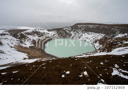 Viti Crater and Lake with snow in Vatnajokull National Park, Iceland. Viti Crater and Lake with snow in Vatnajokull National Park, Iceland. 107152909