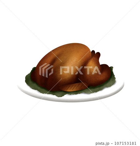 Roasted Turkey on green vegetable and white plate for thanksgiving, no background 107153181