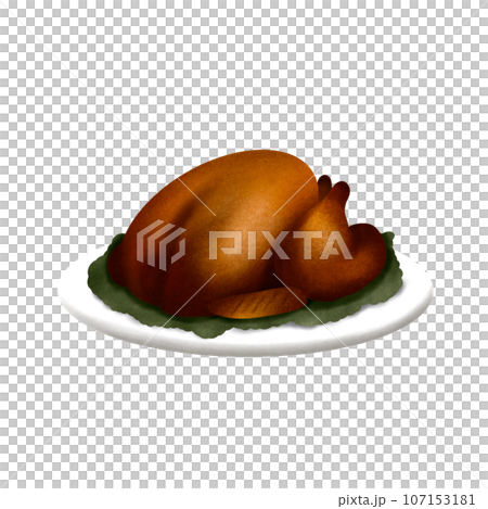 Roasted Turkey on green vegetable and white plate for thanksgiving, no background 107153181