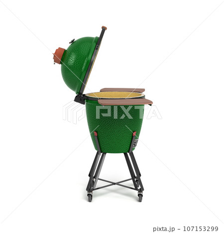 Barbecue green color with lid BBQ grill for outdoor prepare meat food right view 3d illustration on white Barbecue green color with lid BBQ grill for outdoor prepare meat food right view 3d illustration on white 107153299