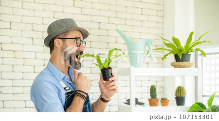 Hipster elderly men take care of the trees, a hobby of urban home gardening after sustainable retirement Hipster elderly men take care of the trees, a hobby of urban home gardening after sustainable retirement 107153301