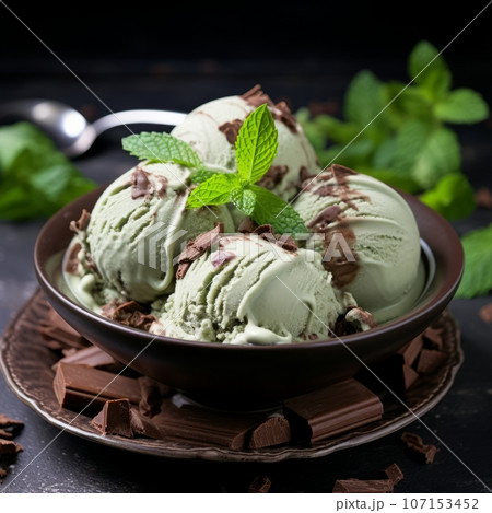 A close-up shot of a delicious scoop of mint chocolate ice cream, with a perfect balance of refreshing mint flavor and rich chocolate chunks A close-up shot of a delicious scoop of mint chocolate ice cream, with a perfect balance of refreshing mint flavor and rich chocolate chunks 107153452