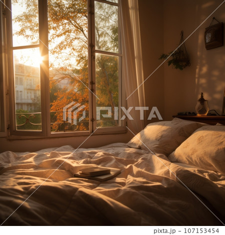 Beautiful reflections from stained glass windows in a bedroom as the morning light shines through 107153454