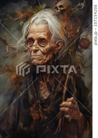 Portrait of an old witch. Generated by Ai 107154208