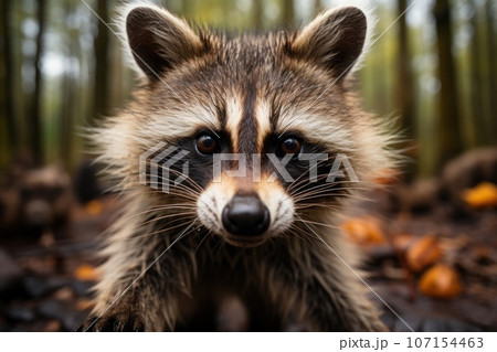 A close-up shot of a cute Raccoon striking face, its focused eyes, documentary photo. Generative AI A close-up shot of a cute Raccoon striking face, its focused eyes, documentary photo. Generative AI 107154463