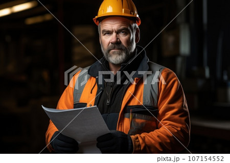 Construction worker holding a blueprint and discussing plans, bright background. Generative AI 107154552