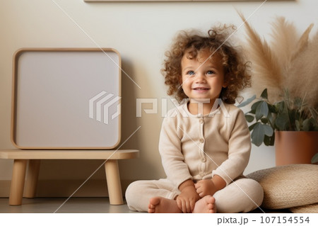 Style realistic photo of a baby sitting next to a plain white photo frame. Generative AI 107154554