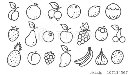 Vector set icons of fruits and berries in flat style. Vector illustrations of fruit and berries. 107154567