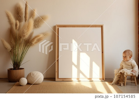 Style realistic photo of a baby sitting next to a plain white photo frame. Generative AI 107154585