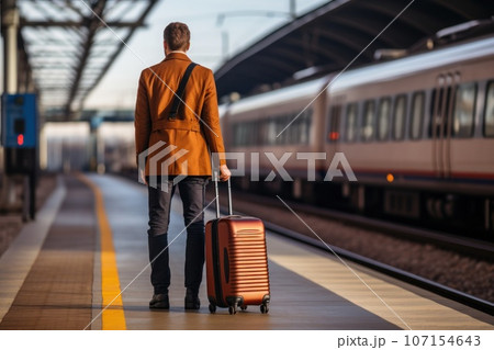 Man in suit holding luggage at train. Generative AI 107154643