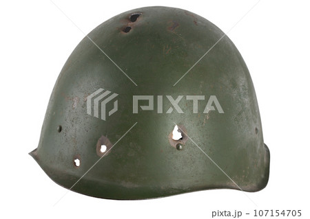 Russian invasion in Ukraine 2022. Equipping mobilized - WW2 type russian army helmet with bullet holes. Russian invasion in Ukraine 2022. Equipping mobilized - WW2 type russian army helmet with bullet holes. 107154705