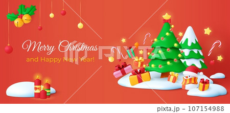 Christmas 3d background. Snow hills and fir tree, xmas gifts and decorations. Celebrating new year banner, realistic render pithy vector poster Christmas 3d background. Snow hills and fir tree, xmas gifts and decorations. Celebrating new year banner, realistic render pithy vector poster 107154988