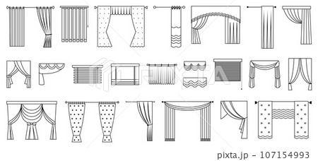 Line curtains for door, window or stage. Windows decorations, outline blinds and curtain. Various fabric interior design, indoor decent vector elements 107154993