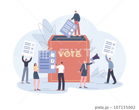 People vote. Polling and electoral system, political democracy election. Box for ballots, candidate lists. Citizen referendum or survey kicky vector scene People vote. Polling and electoral system, political democracy election. Box for ballots, candidate lists. Citizen referendum or survey kicky vector scene 107155002
