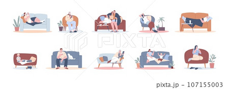Sick flu and recovery people. Adults and kids on couch and chairs with cold at home. Patients, headache and high temperature, kicky vector set Sick flu and recovery people. Adults and kids on couch and chairs with cold at home. Patients, headache and high temperature, kicky vector set 107155003
