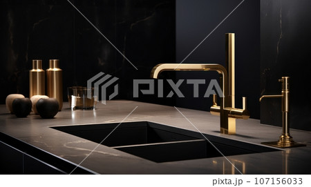 Fragment of a modern luxury kitchen. Blackarble countertop with double built-in sink, gold faucet and soap dispenser, black backsplash. Close-up. Contemporary interior design. 3D rendering. 107156033