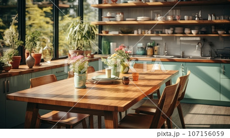 Interior of modern classic kitchen. Wooden dining table and chairs, green furniture, flowers and fruits, crockery on the shelves, large window. Contemporary home design. 3D rendering. 107156059