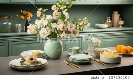 Fragment of modern classic kitchen. Green facades, wooden dining table, flowers in vases, fresh fruits, table setting. Contemporary home design. 3D rendering. 107156109