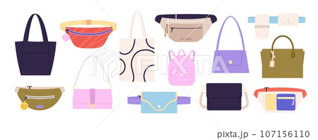 Modern fashion hand bag and purse. Flat models bags, women leather and fabric accessories. Lady handbag and shopper pack, stylish racy vector collection 107156110