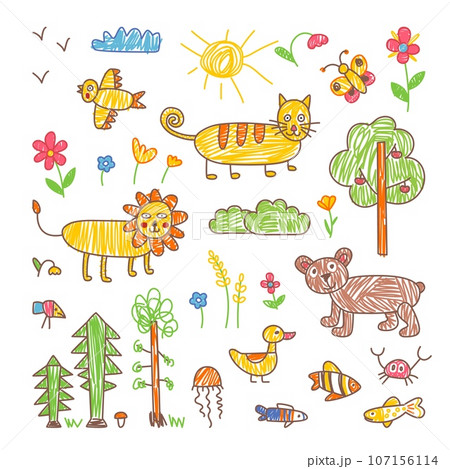 Lovely kids pencil drawing, bird painting. Fun animals and nature elements, kid graphic art style. Tree, flower and butterfly classy vector clipart 107156114