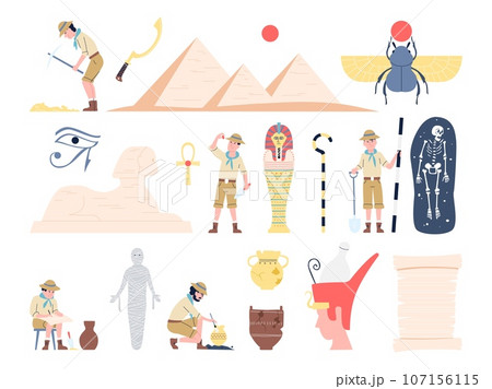 Archeology characters and historical discovery. Archaeologist treasure, tools and remains. Ancient greek and egypt, historic artifacts recent vector set 107156115