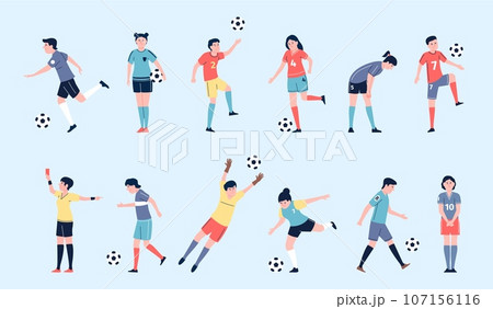 Football players, soccer teenagers flat characters. Flat professional athlete team, female and male play ball. Sport game recent vector set Football players, soccer teenagers flat characters. Flat professional athlete team, female and male play ball. Sport game recent vector set 107156116