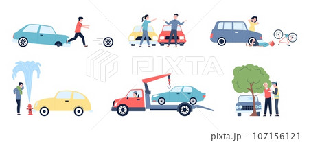 Road accidents, car accident and danger on roads. Damage transport, traffic help. Vehicle wreck, flat insurance ocasion recent vector scenes Road accidents, car accident and danger on roads. Damage transport, traffic help. Vehicle wreck, flat insurance ocasion recent vector scenes 107156121