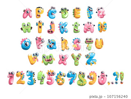 Monsters alphabet. Monster font type crazy fantastic creatures lettering cheerful letter with screaming eyes funny children handlettering english letters classy vector illustration Monsters alphabet. Monster font type crazy fantastic creatures lettering cheerful letter with screaming eyes funny children handlettering english letters classy vector illustration 107156240