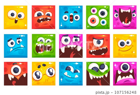 Monsters square avatars. Monsters kids portraits, comic strange mascot funny troll face geometric emoticon smile halloween crazy character, cartoon alien classy vector illustration 107156248