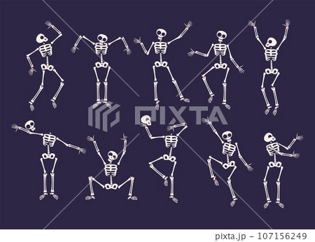 Dancing skeletons. Jump dance human skeleton funny death band, cute dead dancer character poses for fun halloween mystery party spine bones joints mascot classy vector illustration Dancing skeletons. Jump dance human skeleton funny death band, cute dead dancer character poses for fun halloween mystery party spine bones joints mascot classy vector illustration 107156249