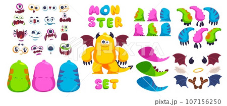Monster creation. Monsters constructor for create animation of cute creature characters construction, funny mascot body parts arm combination, avatar kit classy vector illustration Monster creation. Monsters constructor for create animation of cute creature characters construction, funny mascot body parts arm combination, avatar kit classy vector illustration 107156250