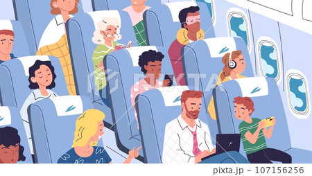 People aboard airplane. Passengers traveling in plane economy class, family inside aircraft cabin, man with laptop sleep listen music or watching window, classy vector illustration 107156256