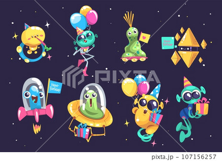 Aliens space party. Alien monster kid characters in extraterrestrial spaceship, cute ufo cool little silly crazy creatures child birthday on outer spaces classy vector illustration Aliens space party. Alien monster kid characters in extraterrestrial spaceship, cute ufo cool little silly crazy creatures child birthday on outer spaces classy vector illustration 107156257