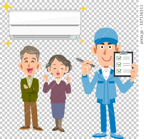Male worker explaining air conditioner, senior couple, and checkpoints 107156311