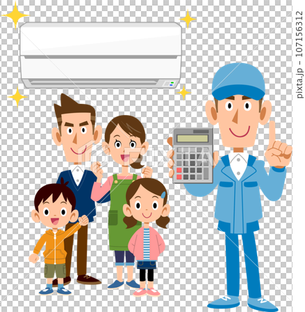 A male worker with an air conditioner, family, and calculator 107156312